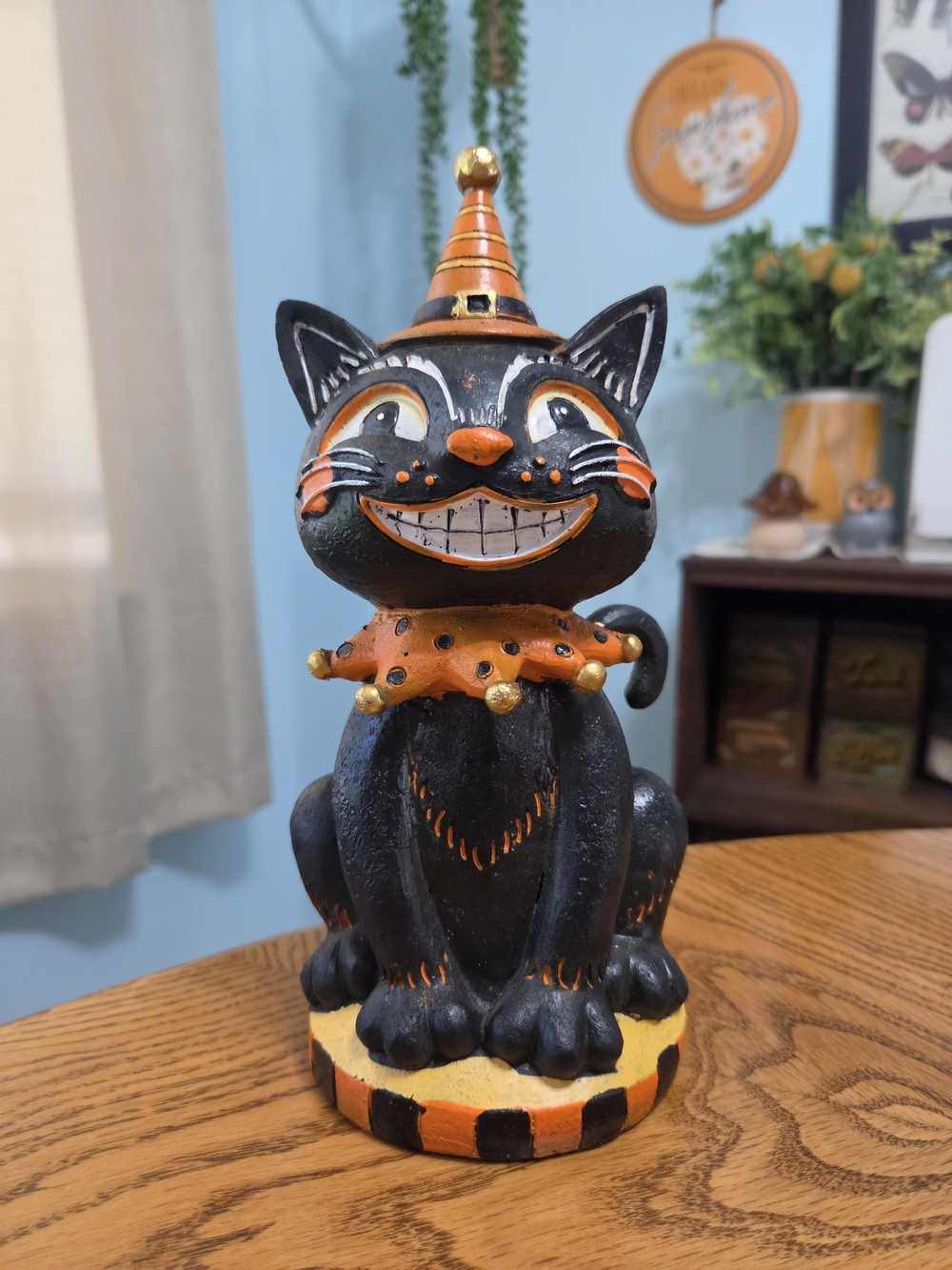Retro Halloween Black Cat Figurine Party Hat Cheshire Smile